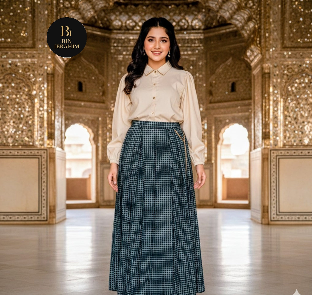 Stylish Shirt & Printed Skirt Set with Chain – Chic Girls Outfit
