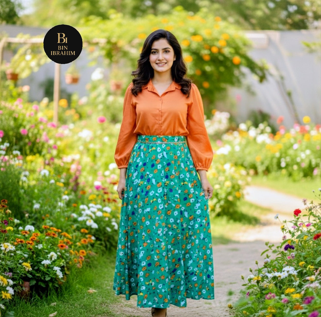 Stylish Shirt & Printed Skirt Set with Chain – Chic Girls Outfit
