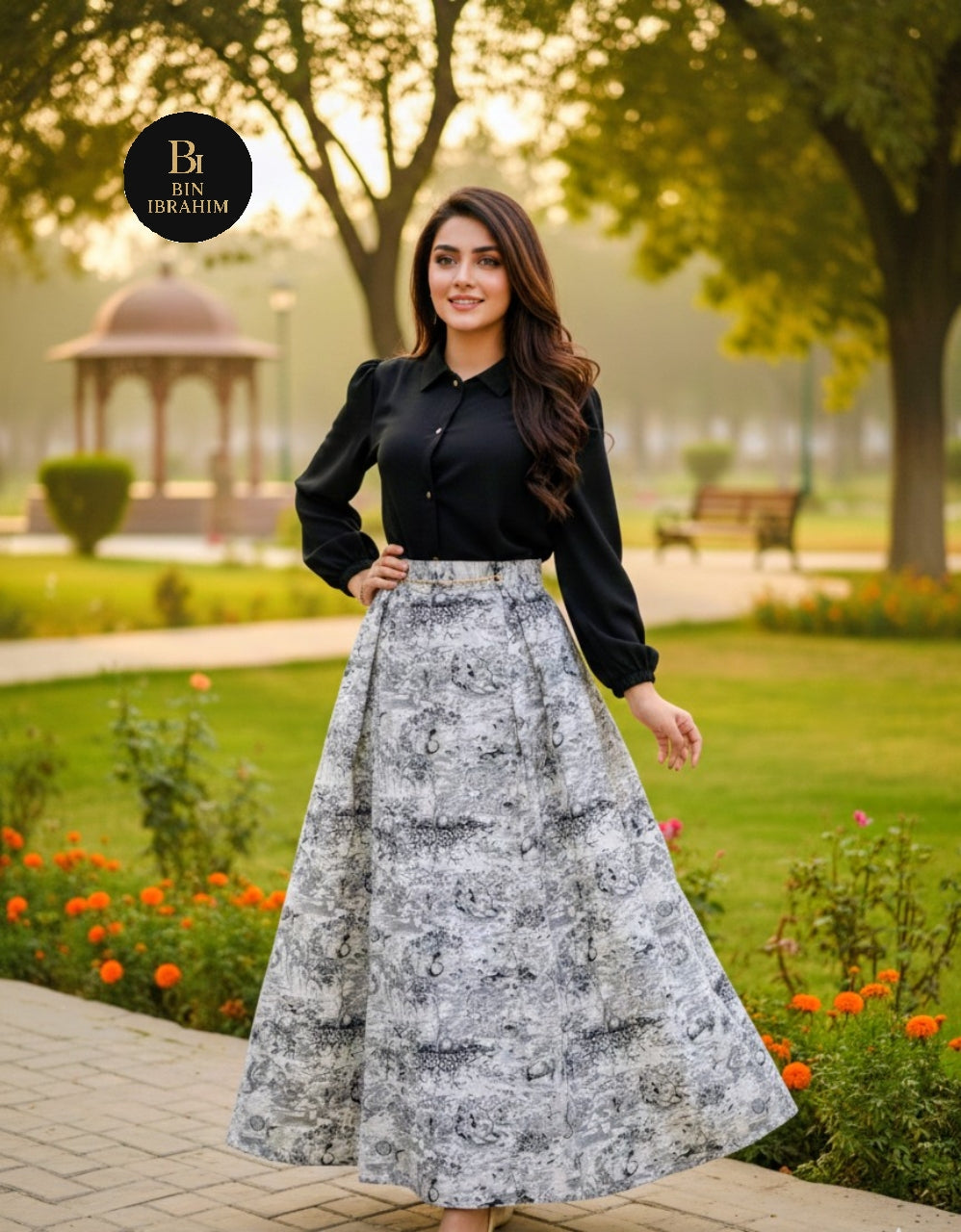 Stylish Shirt & Printed Skirt Set with Chain – Chic Girls Outfit