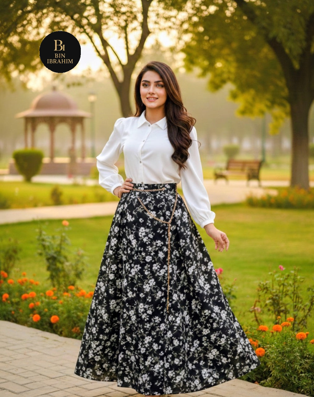 Stylish Shirt & Printed Skirt Set with Chain – Chic Girls Outfit
