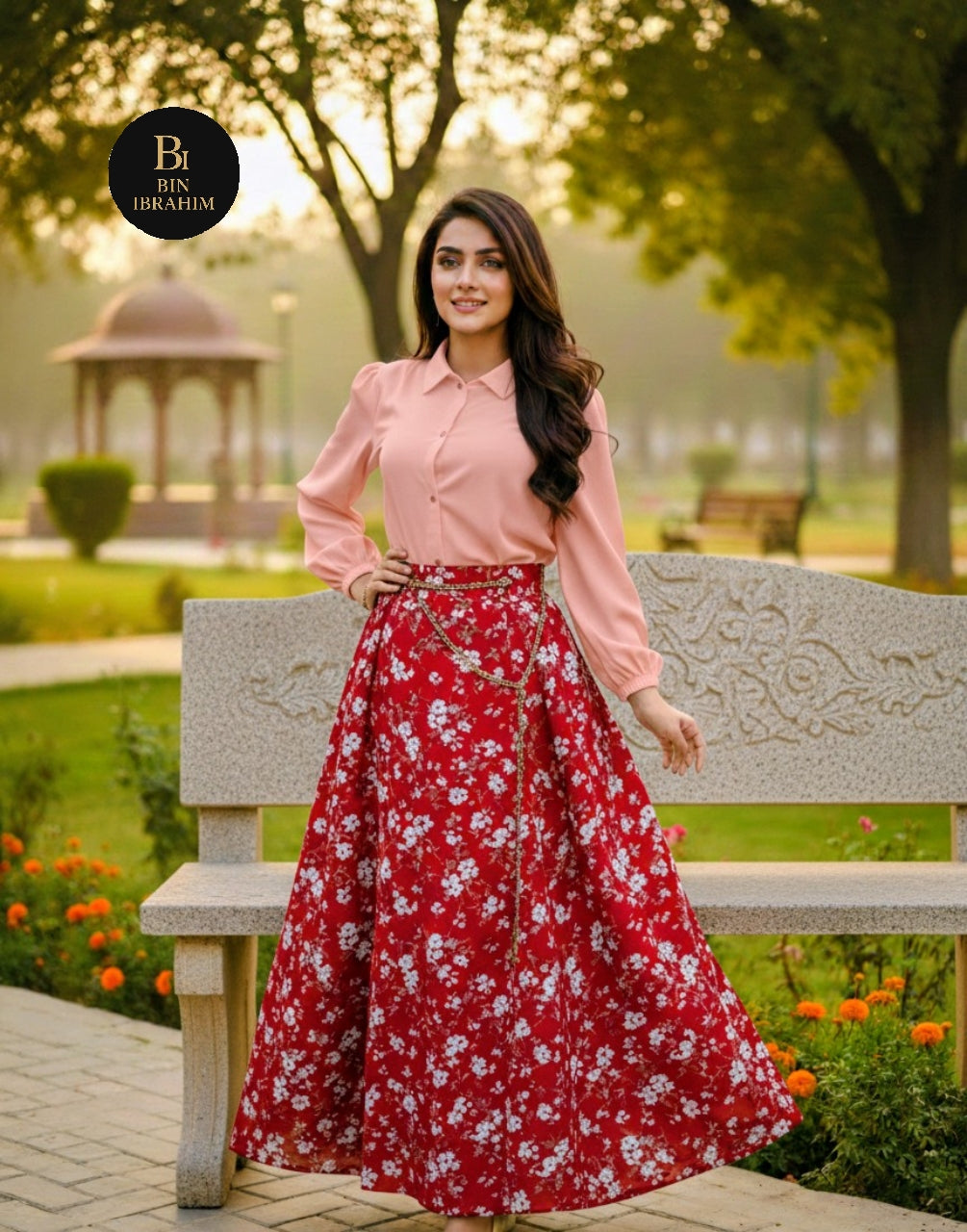 Stylish Shirt & Printed Skirt Set with Chain – Chic Girls Outfit