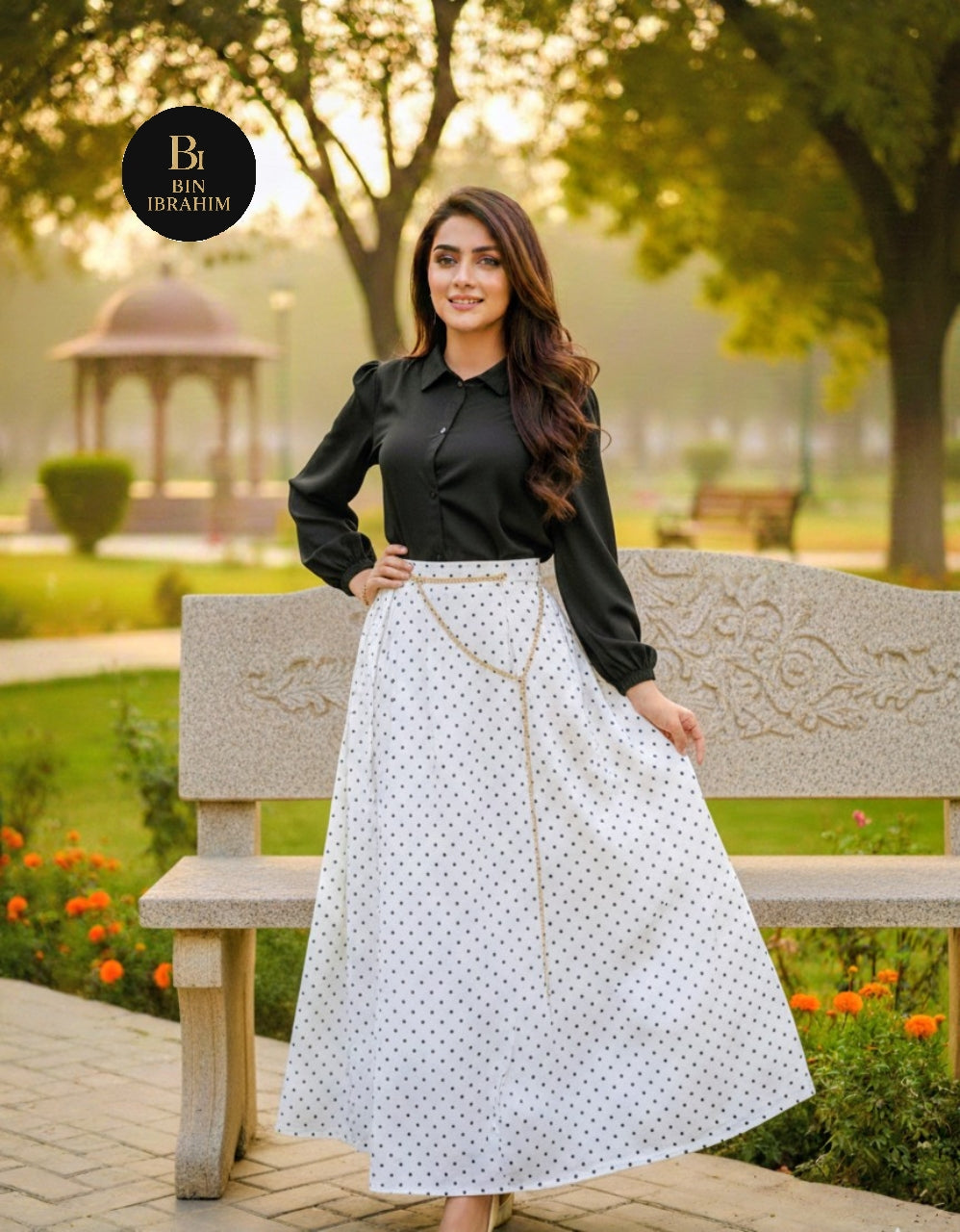 Stylish Shirt & Printed Skirt Set with Chain – Chic Girls Outfit