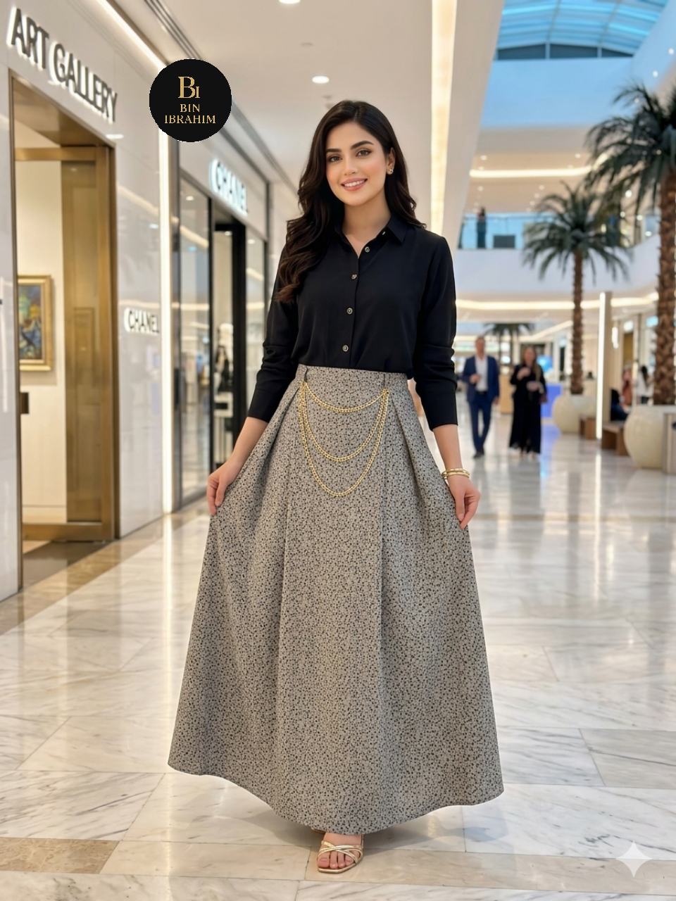 Stylish Shirt & Printed Skirt Set with Chain – Chic Girls Outfit